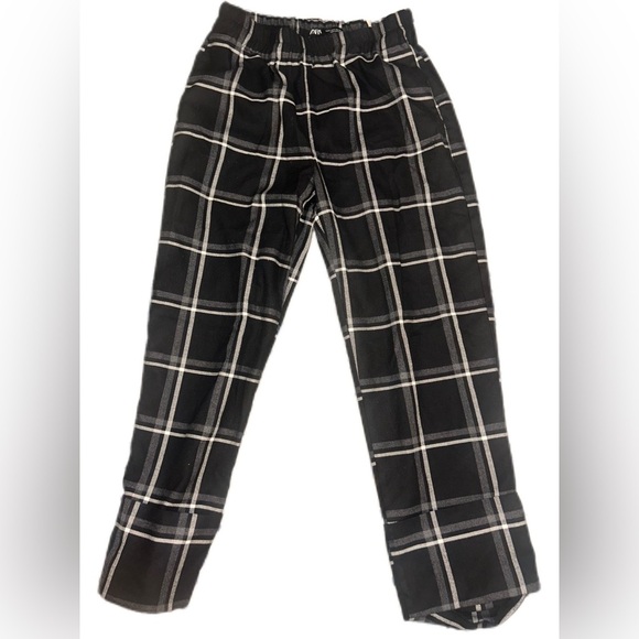 Zara Black & White Plaid Elastic Waist Wide Leg Cuffed Trousers Size Small - Picture 1 of 7